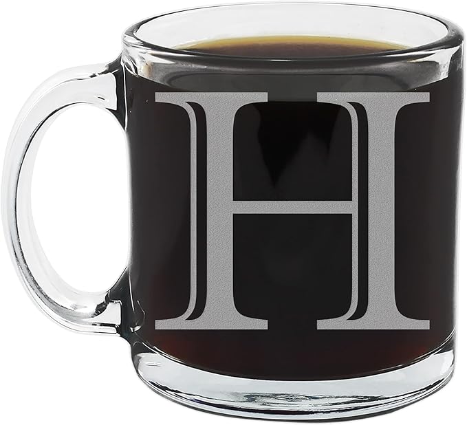 Spotted Dog Company Etched Monogram 12oz Clear Glass Coffee Mug (Letter H), A-Z Customized Coffee Gifts, Custom Engraved Gifts for Women Her, Personalized Gift for Men, Initial