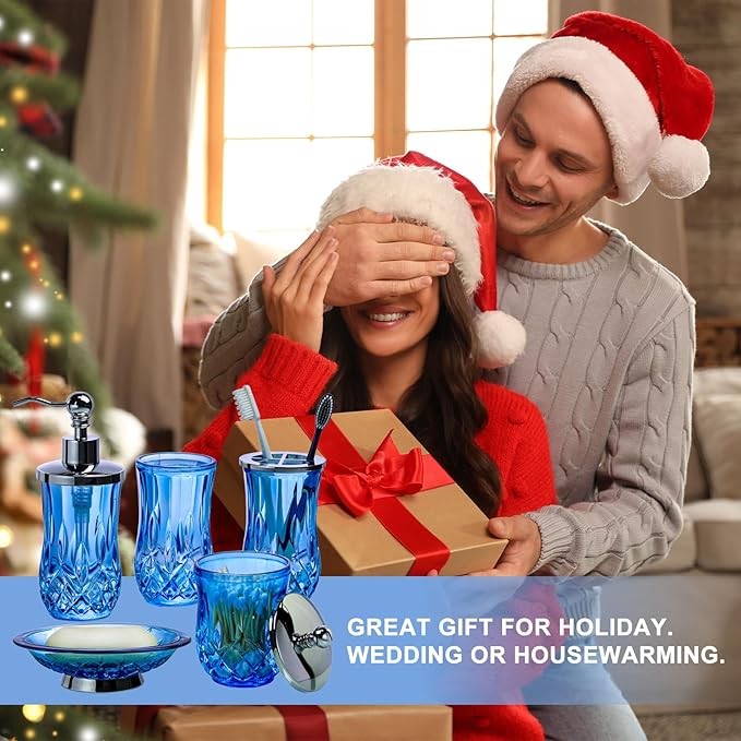 Bathroom Accessories Set,5 Pcs Blue Glass Bathroom Accessory Set,Complete Lotion Soap Dispenser,Toothbrush Holder,Soap Dish,Tumbler & Jar,Modern Bathroom Decor Sets,Gift for Home Apartment,Round