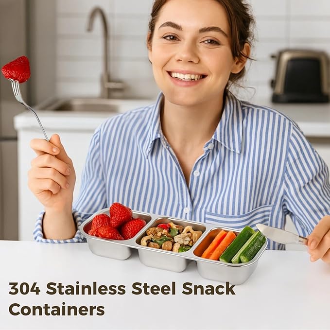 3 Pcs Stainless Steel Snack Containers with Lids, 3 Compartment Divided Food Storage Containers, 304 Steel Leek Proof Bento Lunch Snack Boxes for School, Home, Travel