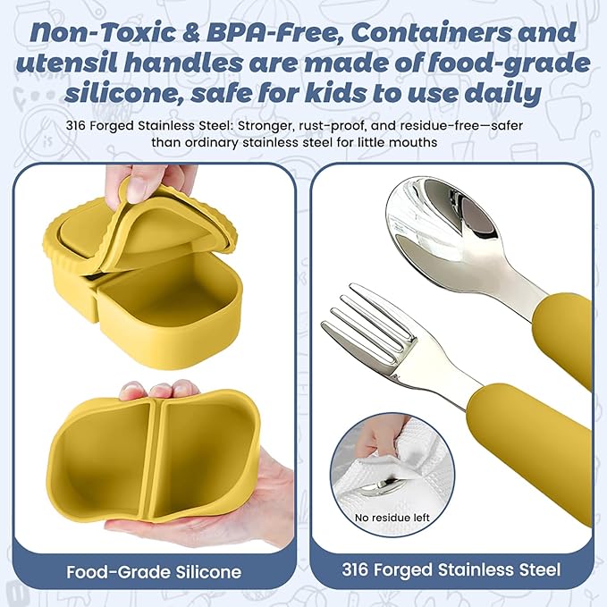 Silicone Snack Containers for Kids (8.5Oz, 2-Compartment)+ Kids Silicone Cutlery Set (Spoon and Fork) - BPA Free, Leak Proof, Great for Toddler/Kid/Adult Meal Prep Containers (yellow)