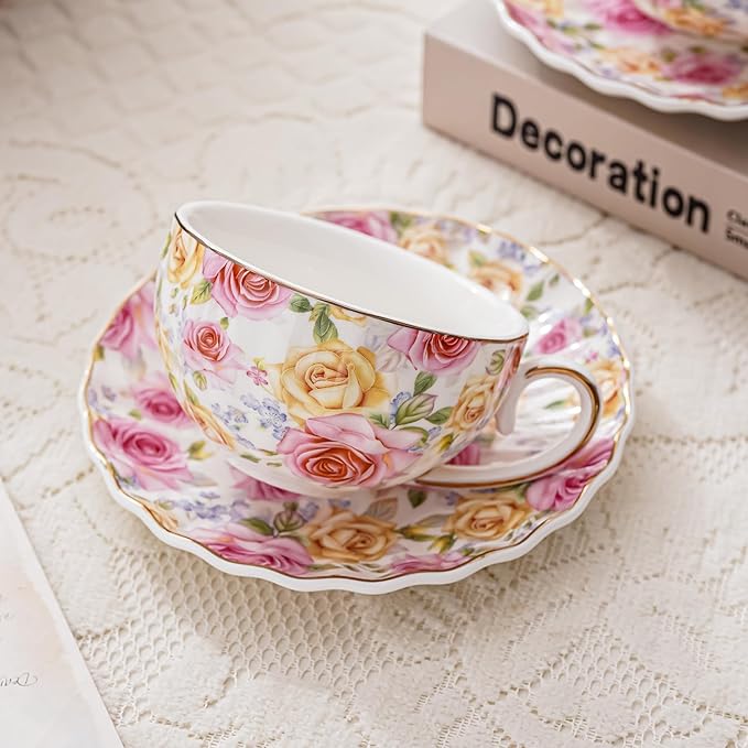 Tea Cup and Saucers, 6.4oz floral ceramic tea cups, Coffee Cappuccino Espresso Latte Mugs for Party Birthday,Christmas Gift (Pink and yellow roses)