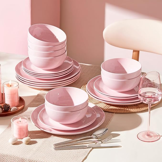 KINGSTONE Bone China Dinnerware Sets, 24-Piece Dinnerware Set for 8, Lightweight Durable, Dishwasher Safe, Tableware for Daily Use with Elegant Design, Pink