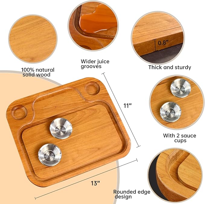 Wooden Steak Plates include 2 Sauce Cups, Wood Steak Board Set Serving Tray for Food Meat Cutting Board with Juice Groove, Charcuterie Board Platter for Home