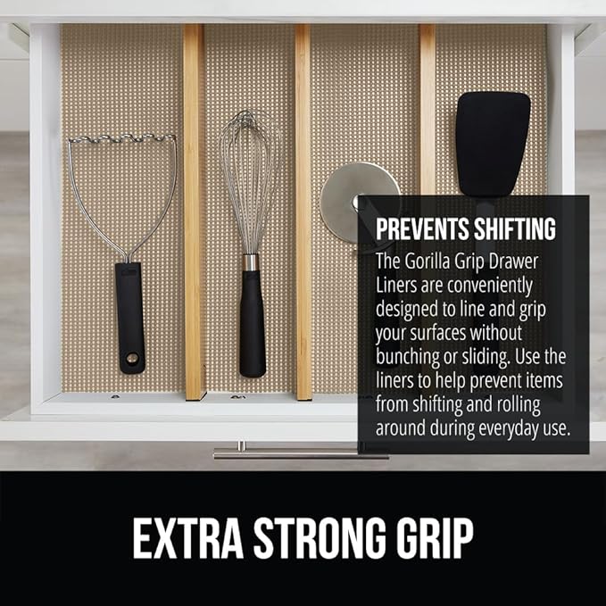 GORILLA GRIP powerGRIP Drawer Shelf and Cabinet Liner, Thick Strong Hold, Non-Adhesive Liners Protect Kitchen Cabinets and Cupboard, Bathroom Drawers, Easy Install, Breathable Mat, 12" x10', Beige
