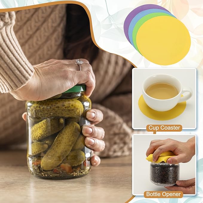 uxcell 4pcs Silicone Jar Opener Pads, 12.5cm/5" Texture Can Opener Multipurpose Round Bottle Lid Opener Non-Slip Coasters for Weak Hands Seniors Children, Blue/Purple/Yellow/Green