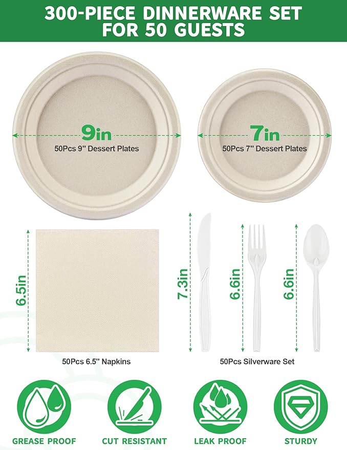 300Pcs Compostable Disposable Paper Plates Set - 9/7 Inch Heavy Duty Party Plates, Napkins and Cutlery, Biodegradable Eco-Friendly Dinnware Sets Supplies for Birthday, Christmas, Serve 50 Guests