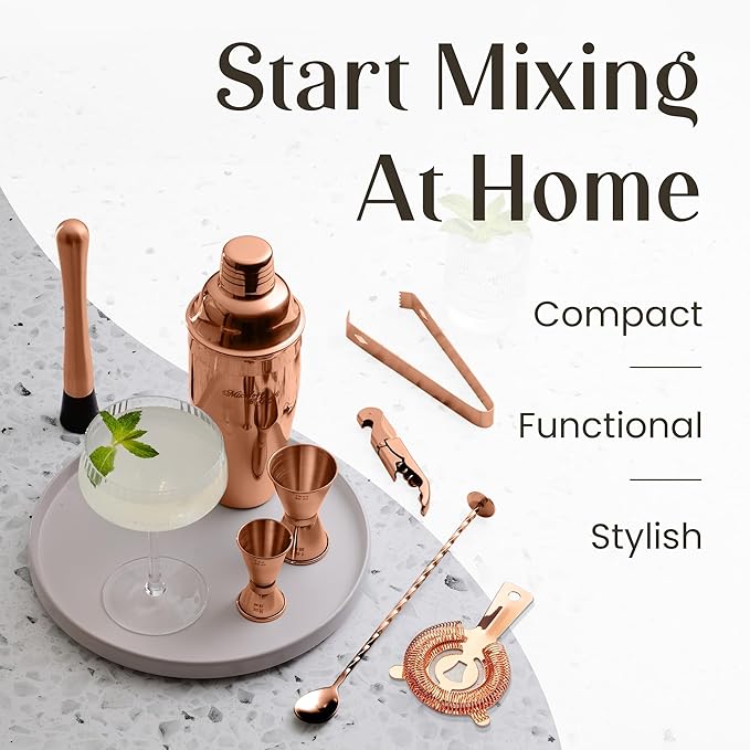 Mixology & Craft 11-Piece Cocktail Shaker Set, Bartender Kit with Stand, Stainless Steel Bar Tools, Dual Jiggers, Muddler & Pourers, Wood Display for Home Bar - Gift Ready (Copper)