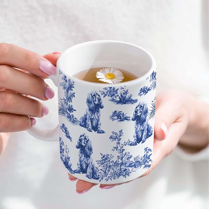 Cocker Spaniel Blue French Toile Mug, Cocker Spaniels Lover Gifts for Women, Blue Chinoiserie Toile Coffee Cup, Dog Lovers Tea Coffee Mug Birthday Gifts for Dog Owners