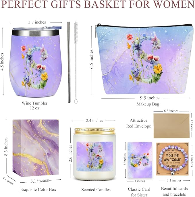 Personalized Gifts Monogrammed Birthday Gifts for Women, New Mom, Grandma Valentine's Day Thank You Christmas, Initial Wine Tumbler Makeup Bag Scented Candle Bracelet Set, (Aesthetic Purple Flower S)