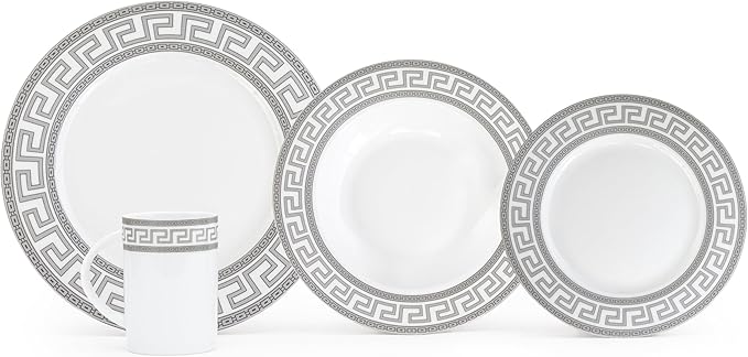 Porcelain Dinnerware Set for 1 - White and Silver Luxurious 4 Piece Greek Key Design - Elegant Dinner Plates with Mugs - Dining Kitchenware for Home, Formal Occasions and Everyday Dishes