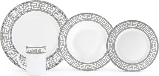Porcelain Dinnerware Set for 1 - White and Silver Luxurious 4 Piece Greek Key Design - Elegant Dinner Plates with Mugs - Dining Kitchenware for Home, Formal Occasions and Everyday Dishes