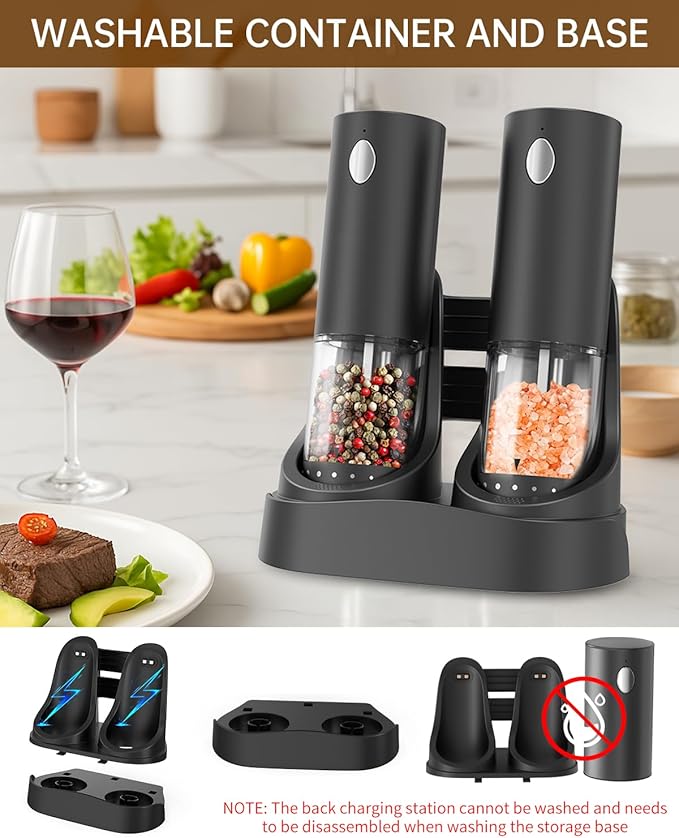 CIRCLE JOY Electric Salt and Pepper Grinder Set Automatic Salt and Pepper Grinder Set with Easy-to-Carry Charging Base and LED Light, USB Rechargeable, Upgrade External Adjustable Coarseness