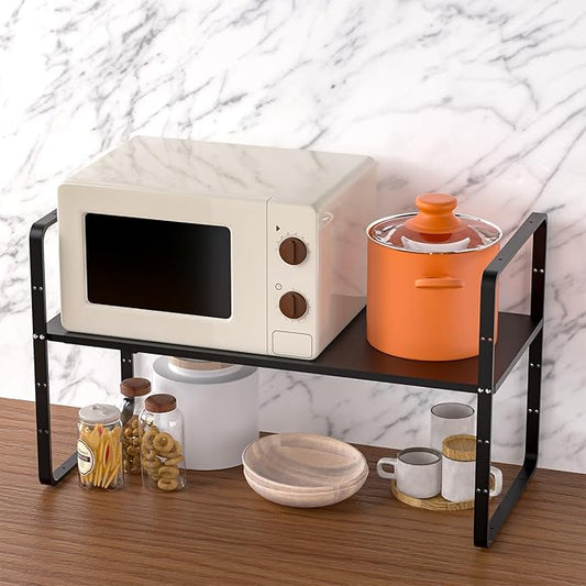 Redrubbit Expandable Cabinet Shelf Organizers, Stackable Kitchen Counter Shelves Spice Rack for Kitchen Bathroom Pantry Cupboard Desk Home Office, Metal Plate Heavy Duty Nonslip Black