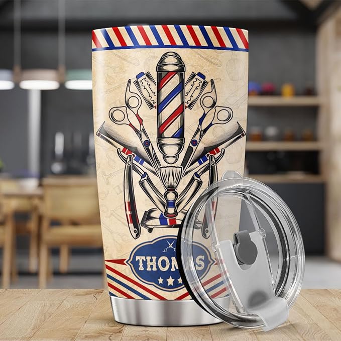 Personalized Coffee Tumbler Barber Hair Stylist Travel Mug With Lid Custom Name Appreciation Birthday Gifts For Women Teens Men Boys Coworkers Insulated Cup Cold Steel Tumblers