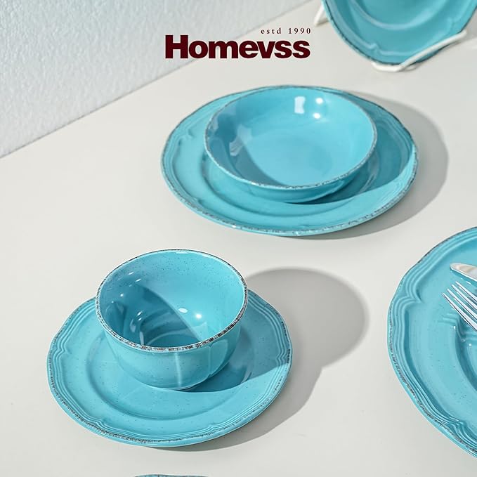 20pc Dinnerware Set, Plate and Bowl Set, Stoneware Dishes Set for 4, Microwave and Dishwahser Safe, Scratch Resistant, French Countryside Speckled Turquoise