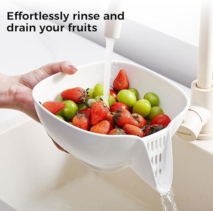 Dizada Multifunctional Ceramic Drain Basket with Integrated Drain Spout, Colander for Kitchen 60 Oz Large Capacity Food Strainer for Vegetable, Fruits, Pasta, Salad, Heat-Resistant, Dishwasher-Safe