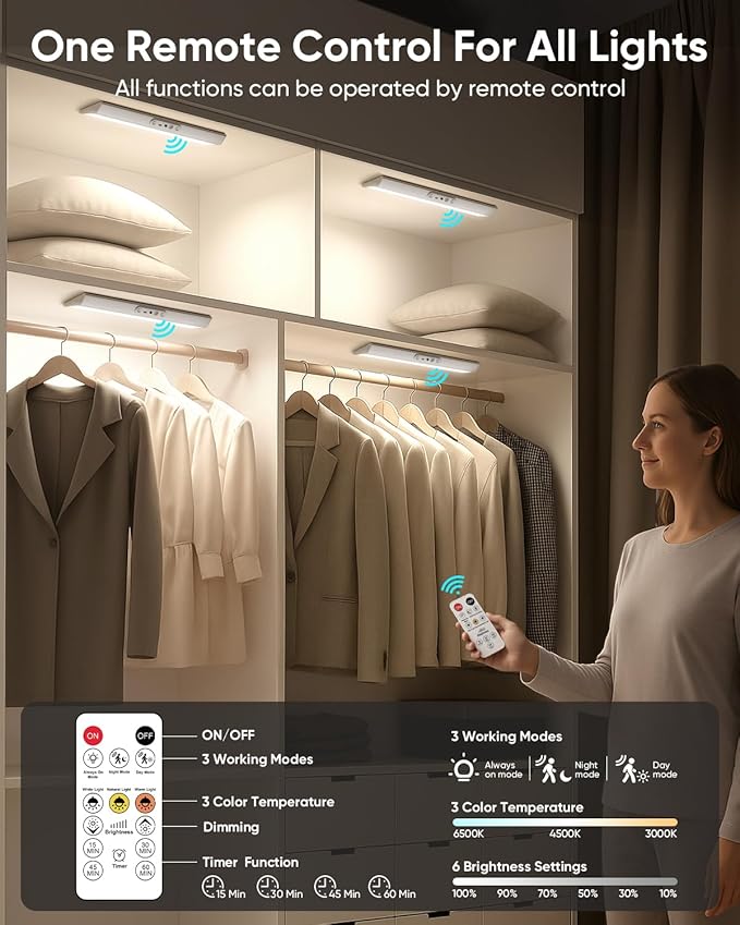Motion Sensor Closet Lights with Eye Protection Design Pantry Light Under Cabinet Lights Wireless with Remote Control, 3 Color Temp, Rechargeable Closet Light for Wardrobe, Cabinet, Kitchen, Shelf