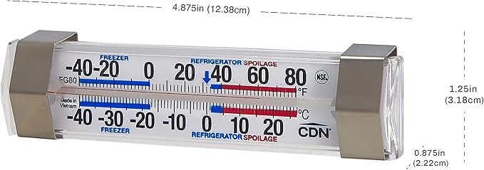 CDN FG80 Refrigerator/Freezer Thermometer | NSF Certified | Dual Scale -40 to 80°F | Ideal for Fridge & Freezer Monitoring | Stainless Clips | Durable Design | FG80