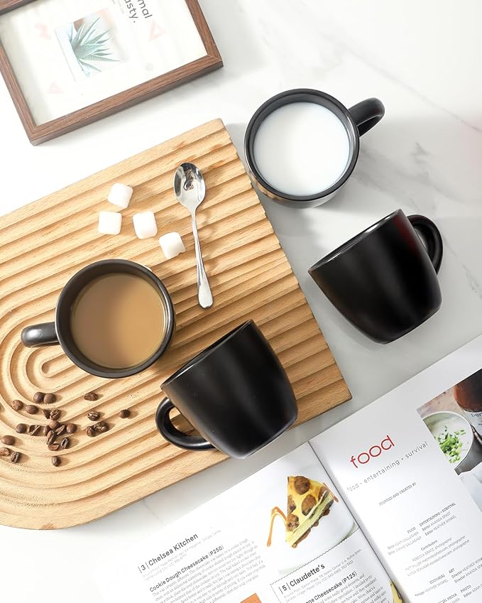 HASENSE 7 Ounce Cappuccino Cups Set of 4 Perfect for Latte, Americano, Cafe Mocha and Tea, Ceramic Coffee Cups Ideal for Party Cafe Home and Kitchen, Microwave and Dishwasher safe, Black