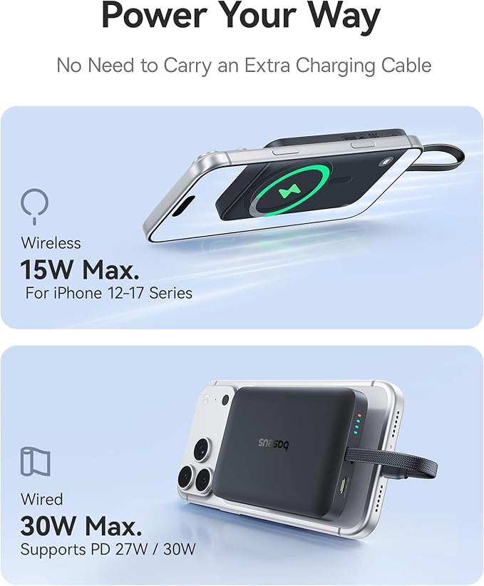 Baseus Magsafe Power Bank, 10,000mAh 30W Magnetic Portable Charger, Fast Charging Wireless Battery Pack with Built-in Braided USB-C Cable for iPhone 17 Pro Max/Air/16/15/14/13, AirPods, iPad and More