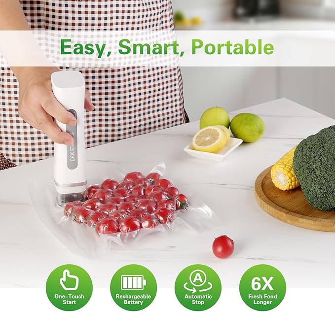 Handheld Vacuum Sealer & Food Saver with 30 Reusable Bags – Keeps Food Fresh 6X Longer | One-Touch Seal & USB Rechargeable | Leak-Proof for Meat, Meal Prep & Travel | Compact Food Preservation System