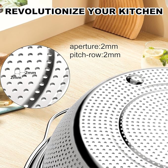 Stainless Steel Microporous Colander for Kitchen, 2.5QT Large Capacity, Colander and Bowl Set of Two, Stainless Steel Drain Basket with Mixing Bowl, for Washing Fruits and Vegetables