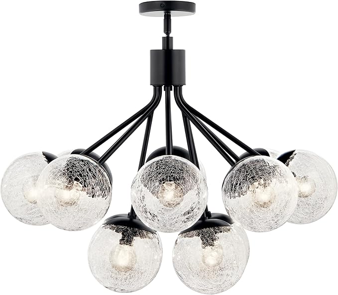 KICHLER Silvarious 12-Light Convertible Chandelier, Soft Modern Light with Clear Crackled Glass in Black, for Dining Room, Living Room, Bedroom or Foyer (22.25" x 30"), 52701BK