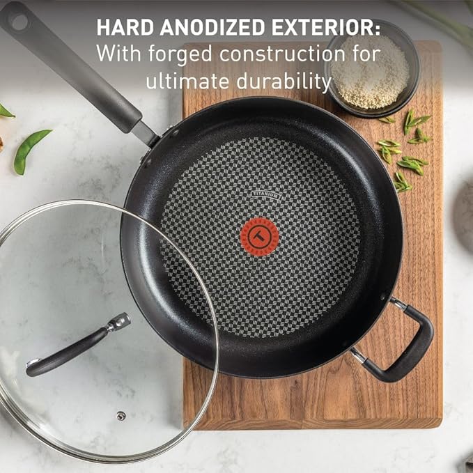 T-Fal Ultimate Hard Anodized Nonstick Fry Pan With Lid 10 Inch, Oven Broiler Safe 400F, Lid Safe 350F, Cookware, Kitchen, Home, Versatile Frying Pan, Skillet, Pots and Pans, Dishwasher Safe, Black