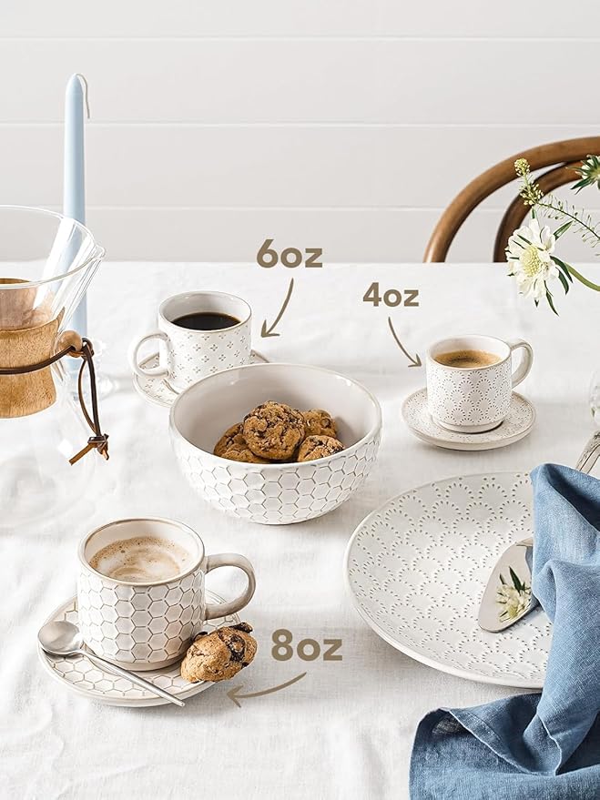 LE TAUCI Stackable Cappuccino Cups 8 oz with Saucers and Stand, Ceramic Large Latte Cup for Au Lait, Cafe, Mocha,Tea, Dishwasher Oven Safe - Set of 4, Arctic white