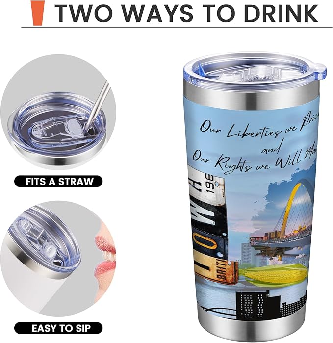 20oz Insulated Tumbler Iowa State Coffee Mug, United States Map Travel Mug Landmark, Birthday Gifts Cute Custom Tumbler Cups with Lid and Straw Mothers Day Gifts