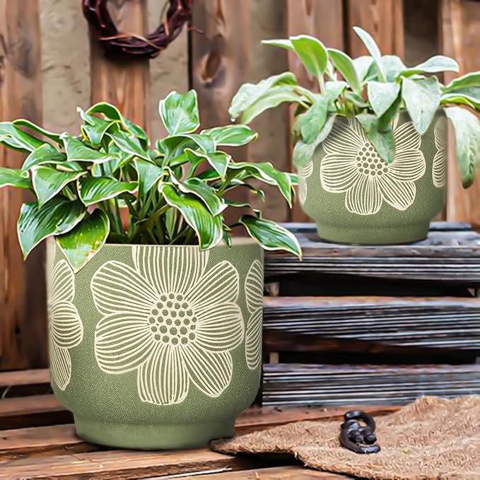 YBX 8 Inch + 6 Inch White Flower Pattern Plant Pots, Sand Glazed Ceramic Planter with Drainage Hole, Flower Pots for Indoor Plants, Tan & White