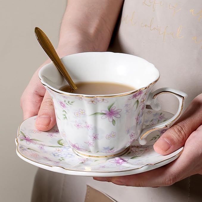 Bone China teacups,Vintage flower Pattern Espresso Teacups and Saucers,ceramic Coffee Mug Set & tea cups for women,about 7 oz(200 ml), Style02