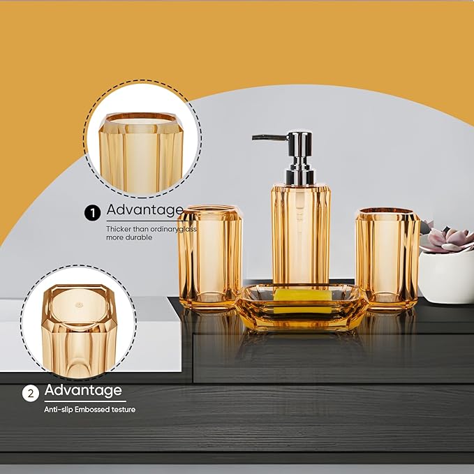 4 Piece Premium Acrylic Bathroom Accessory Set, Hand Sanitizer Bottle, Lotion Can Bathroom Suit, Separate Bottle Soap Box, Mouthwash Cup, Toothbrush Cup (Champagne Gold)