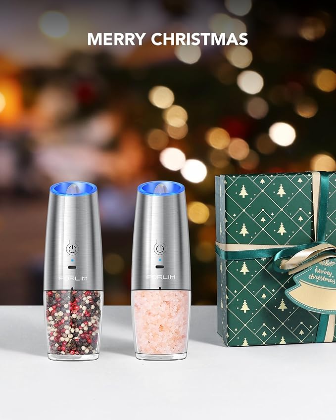 FORLIM Gravity Electric Salt and Pepper Grinder Set, USB Rechargeable 9oz Large Capacity Salt Grinder, Automatic One-Click Grinding One Hand Operated Adjustable Coarseness Pepper Mill(Silver)
