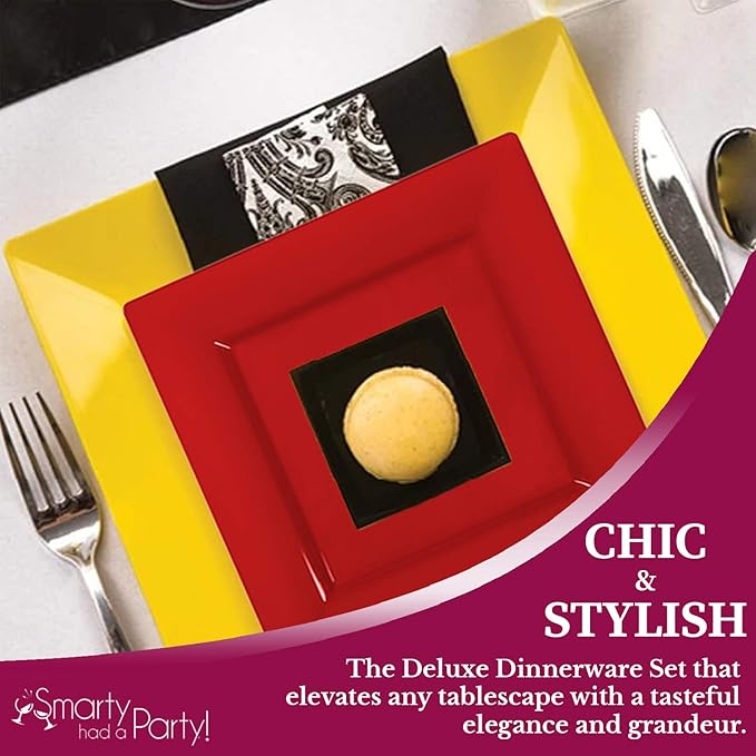 Elegant Disposable Plastic Dinnerware Set, Heavy Duty Plastic Plates (Yellow and Red, Wedding Value Set (40 Guests))