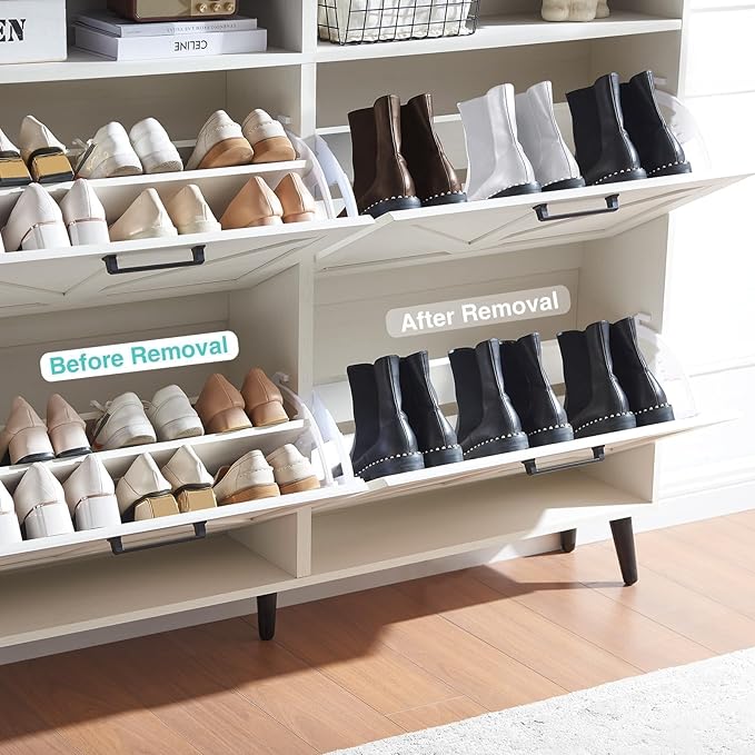 Shoe Storage Cabinet,Farmhouse Shoe Organizer with 4 Flip Drawers & Barn Door Design,Freestanding Hidden Slim Narrow Shoe Rack with Open Shelves for Entryway,Foyer,Hallway,Antique White