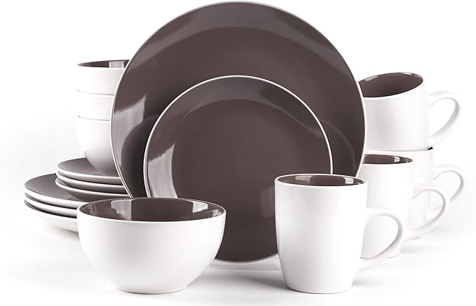 Stoneware Coupe Shape 16pc Dinnerware Set, Outside White + InsideTaupe