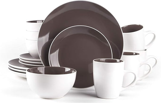 Stoneware Coupe Shape 16pc Dinnerware Set, Outside White + InsideTaupe