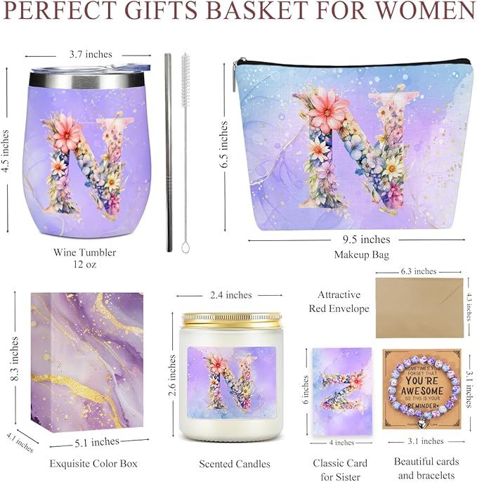 Personalized Gifts Monogrammed Birthday Gifts for Women, Colleague, Leader Mentor Female Farewell Christmas, Initial Wine Tumbler Makeup Bag Scented Candle Bracelet Set, (Aesthetic Purple Flower N)