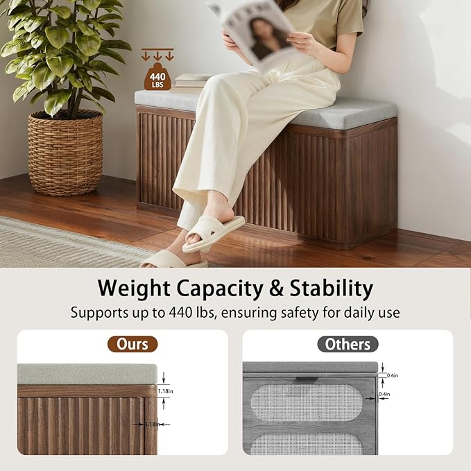 Entryway Shoe Storage Bench with 2" Cushion, 37.4" Small Bench with Shoe Rack, Cabinet Organizer for Hallway，Bedroom End of Bed,Walnut