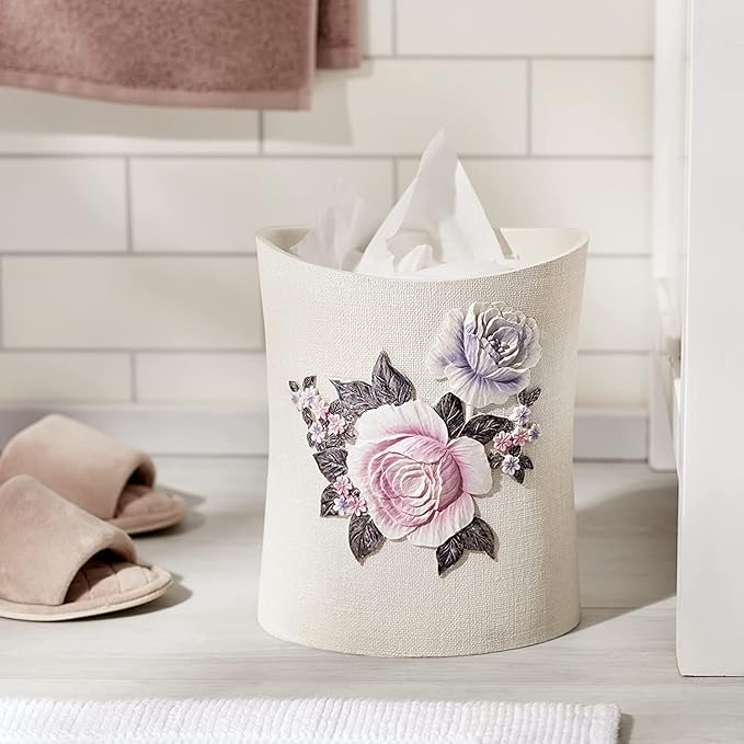 Zahari Home 2pc Michelle Bathroom Set Waste Basket & Tissue Cover Modern Classic Decor Stylish Unique Design Beautiful Floral Bathroom Accessories Set