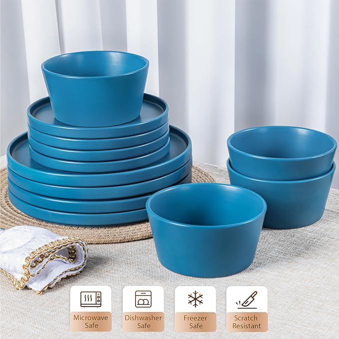 Dinnerware Sets for 4 - CJDC-QUELO 12-Piece Stoneware Plates and Bowls Sets, Ceramic Dishware Sets for Kitchen Use and Formal Dining, Chip and Scratch Resistant Microwave Dishwasher Safe, Blue