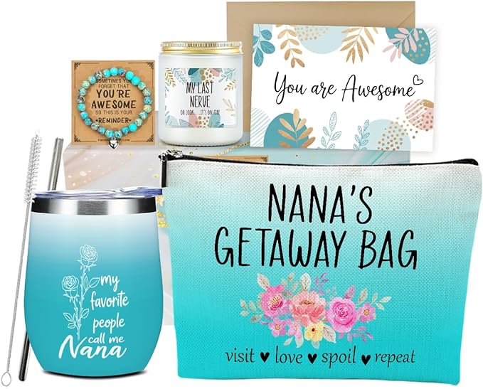 Nana Grandma Gifts,Grandma Birthday Gifts, Funny Christmas Valentine's Day Appreciation Gift for Women Her Grandmother Mothers Day Wine Tumbler Makeup Bag Bracelet Scented Candle Set with Gift Box