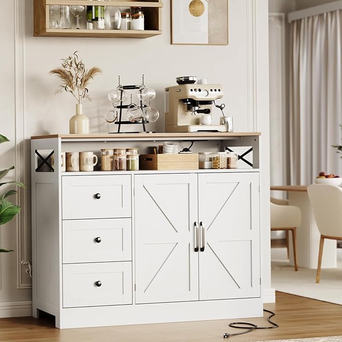 OUTLANE 47In Large Buffet Cabinet, Modern Farmhouse Sideboard with 3 Drawers, Wood Cupboard Storage Pantry Cabinet with 2 Barn Doors&Adjustable Shelf, Storage Cabinet for Living Room, Kitchen, White