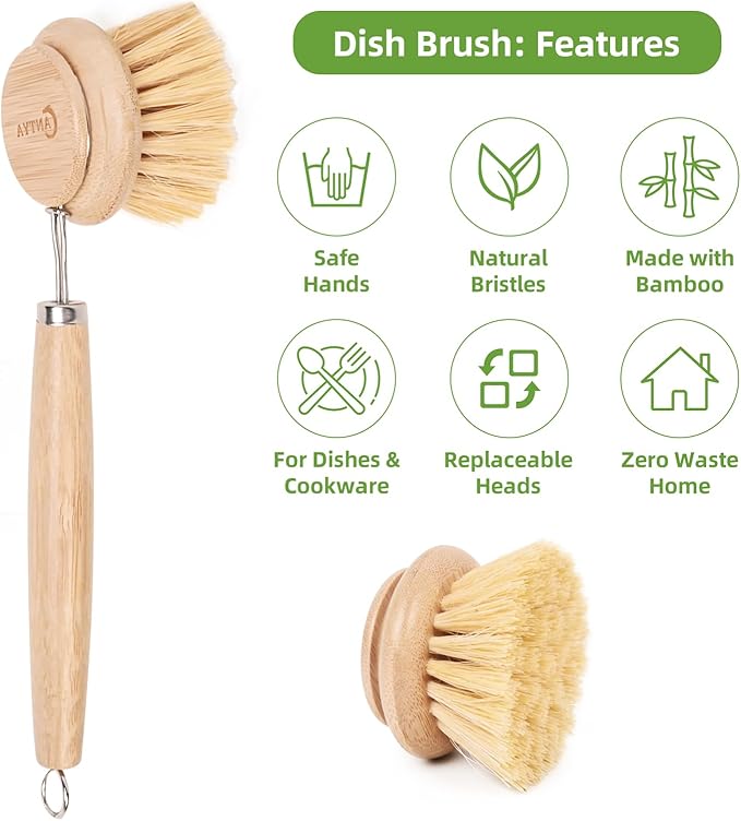 Bamboo Dish Brush - Bamboo Dish Scrubber,Sustainable & Biodegradable, Dish Scrub Brush for Cleaning Kitchen Utensils(Soft Bristles)