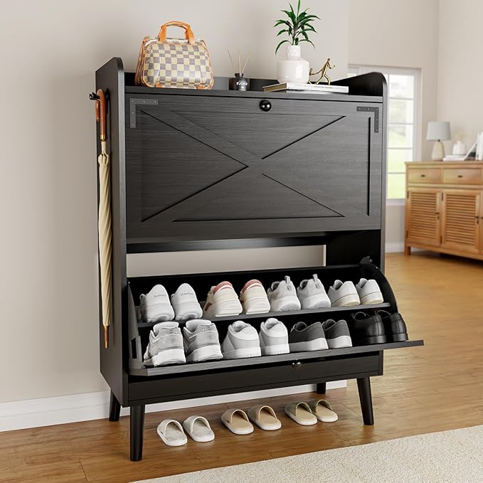 Shoe Storage Cabinet with 2 Flip Drawers & Adjustable Shelves,Narrow Shoe Cabinet Storage with Doors Side Hooks Wooden Shoe Rack Cabinet for Entryway,Hallway,Rustic Black