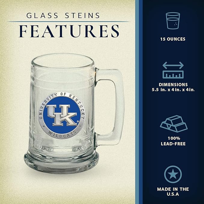 Heritage Pewter Kentucky Beer Stein Glass | 15 Ounce German-Style Beer Glass | Intricately Crafted Metal Pewter Alma Mater Inlay