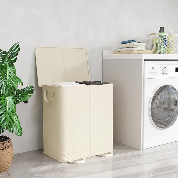 Lifewit Double Laundry Hamper with Lid and Removable Laundry Bags, Large Collapsible 2 Dividers Dirty Clothes Basket with Handles for Bedroom, Laundry Room, Closet, Bathroom, College, 155L Ivory White