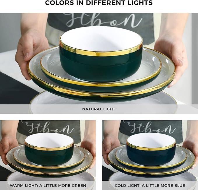 Porcelain Dinnerware Sets, 12 Piece Luxury China Plates and Bowls Sets, Green Dishes Set Gold Rim for Wedding Anniversary Birthday, Modern Dinner Plates Set