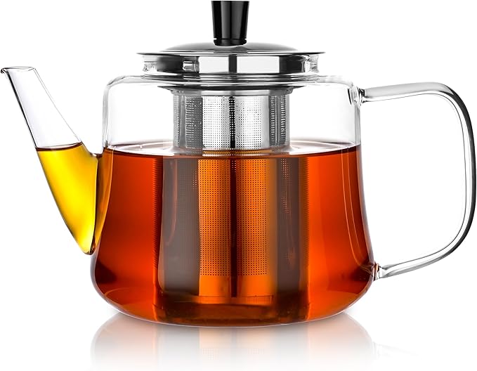 Glass teapot with infuser, Ehugos 1000ml(33oz) Stovetop Safe Hand Crafted Clear Glass Teapot with Removable Infuser for Loose Leaf Tea and Blooming Tea